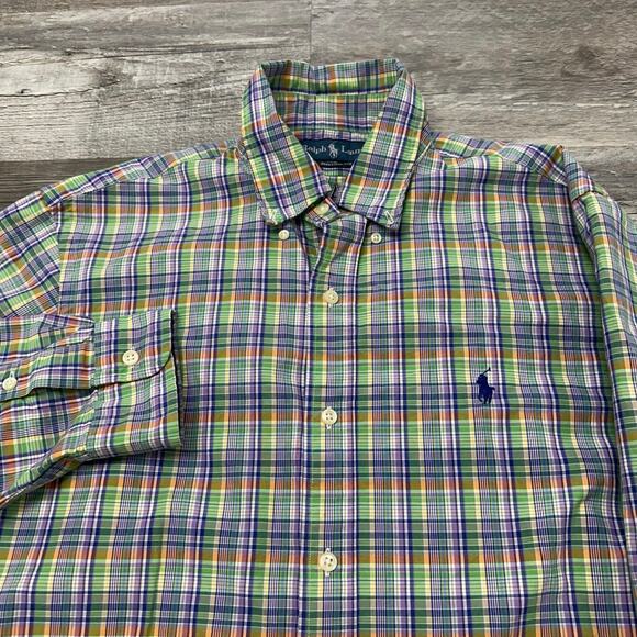 Vintage 90s Ralph Lauren Madras Purple Men M Custom Fit Preppy Button Up Shirt - Picture 1 of 9
